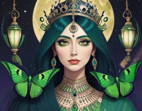Moon Goddess with Moth in Abstract Art Style