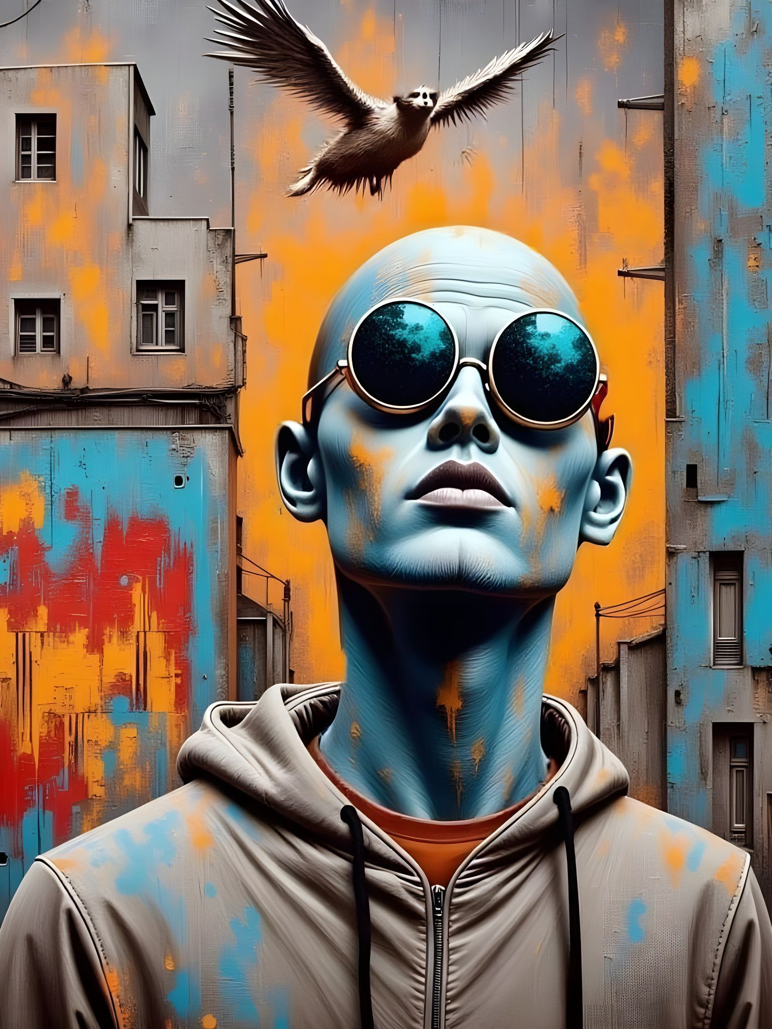 Man and Feline Spirit in Urban Street Art Style