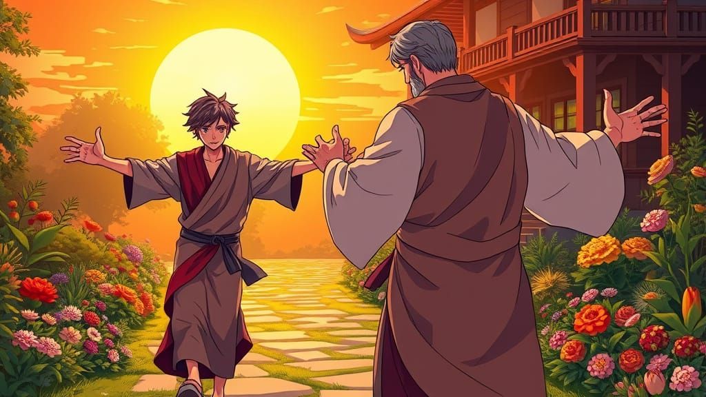 Father's Warm Embrace in Vibrant Anime-Inspired Sunset