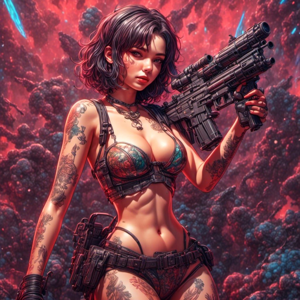 Pinup Girl with Assault Gun in Line Art