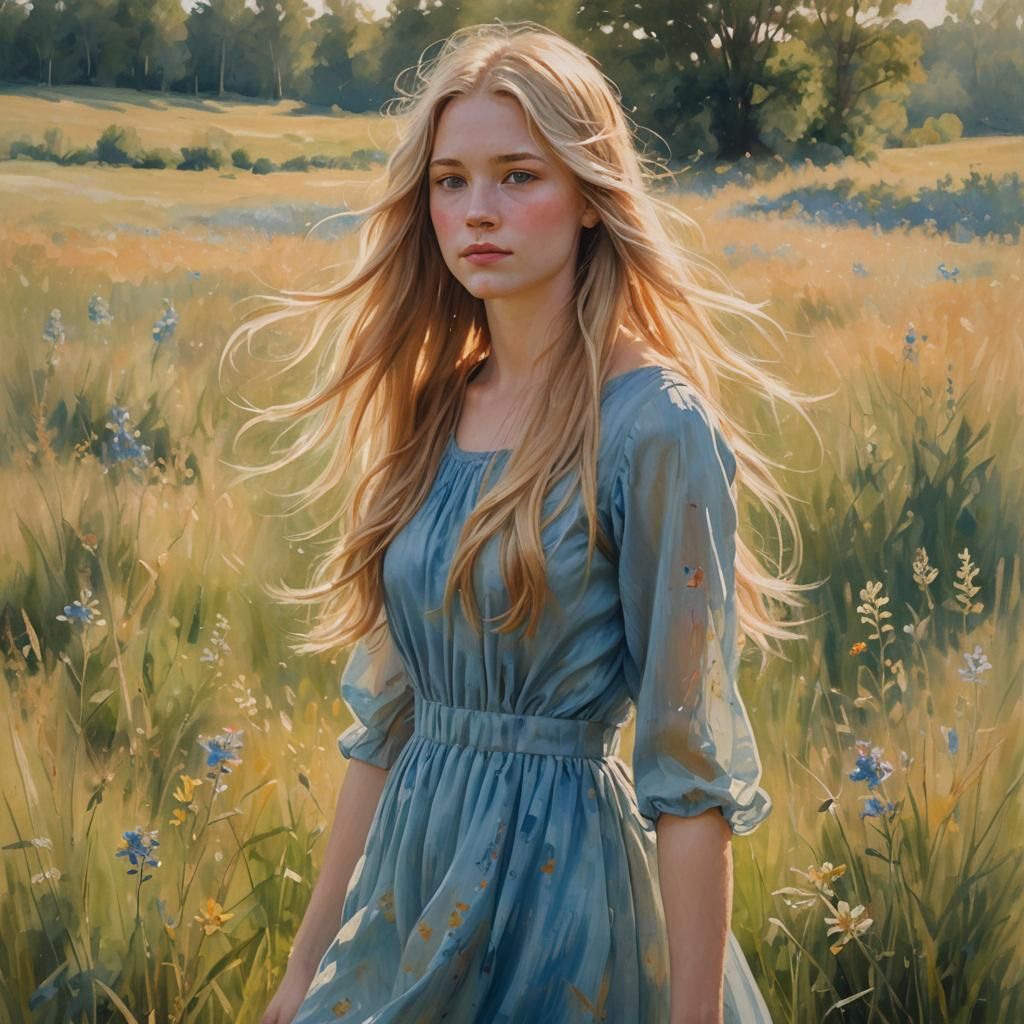 Impressionist Girl in Sunlit Meadow