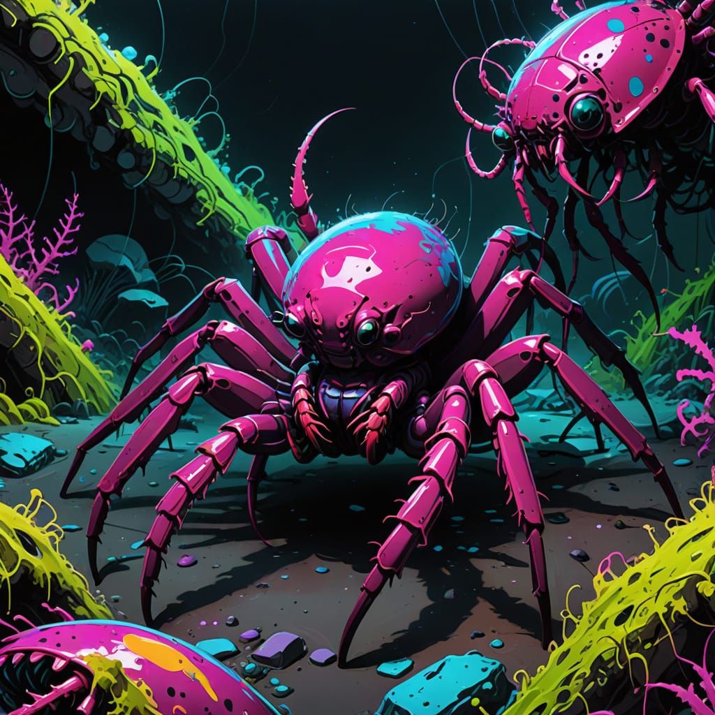 Bioluminescent Spider-Lobster Graffiti Art