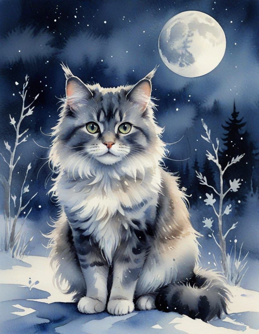 Whimsical Winter Cat in Dreamy Watercolor
