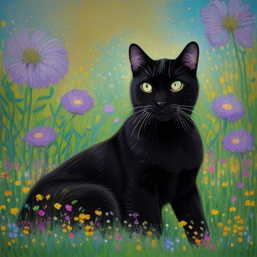 Black Cat in Wildflowers: An Impressionist Painting