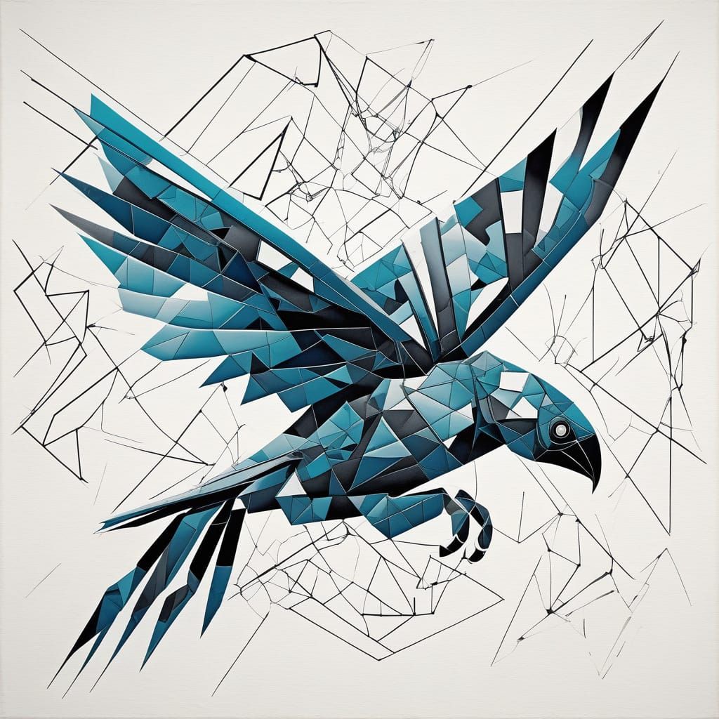 Cubist Robotic Bird in Geometric Flight, Picasso Style