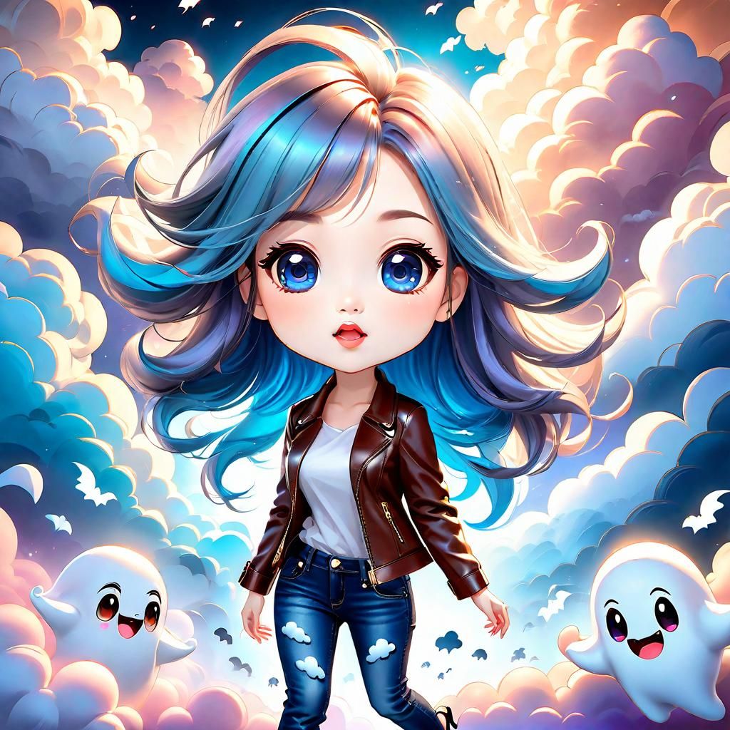 Chibi Woman Surrounded by Ghosts in Volumetric Light