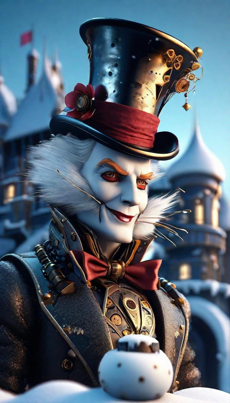 Mecha Mad Hatter in a  Winter Wonderland aetherpunk scene, S...