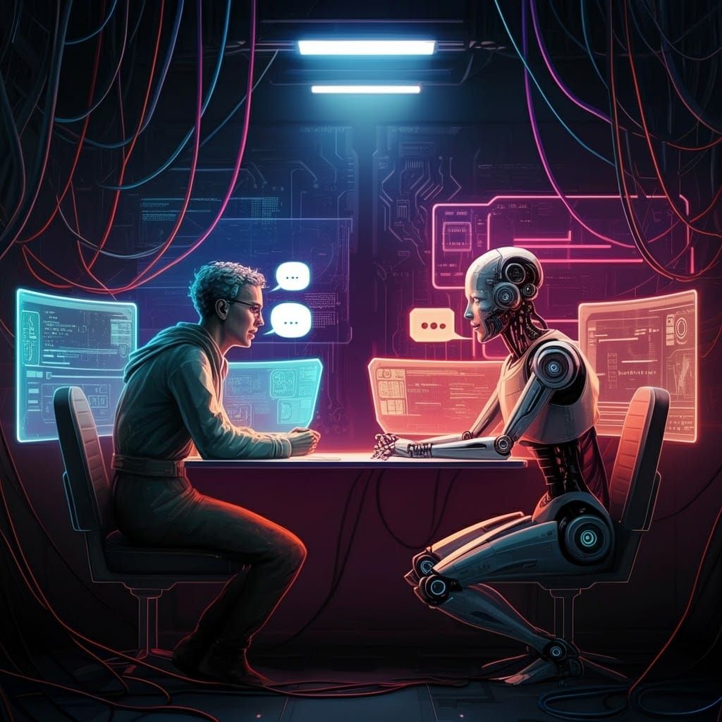 Futuristic Robot Conversation in Neon Laboratory