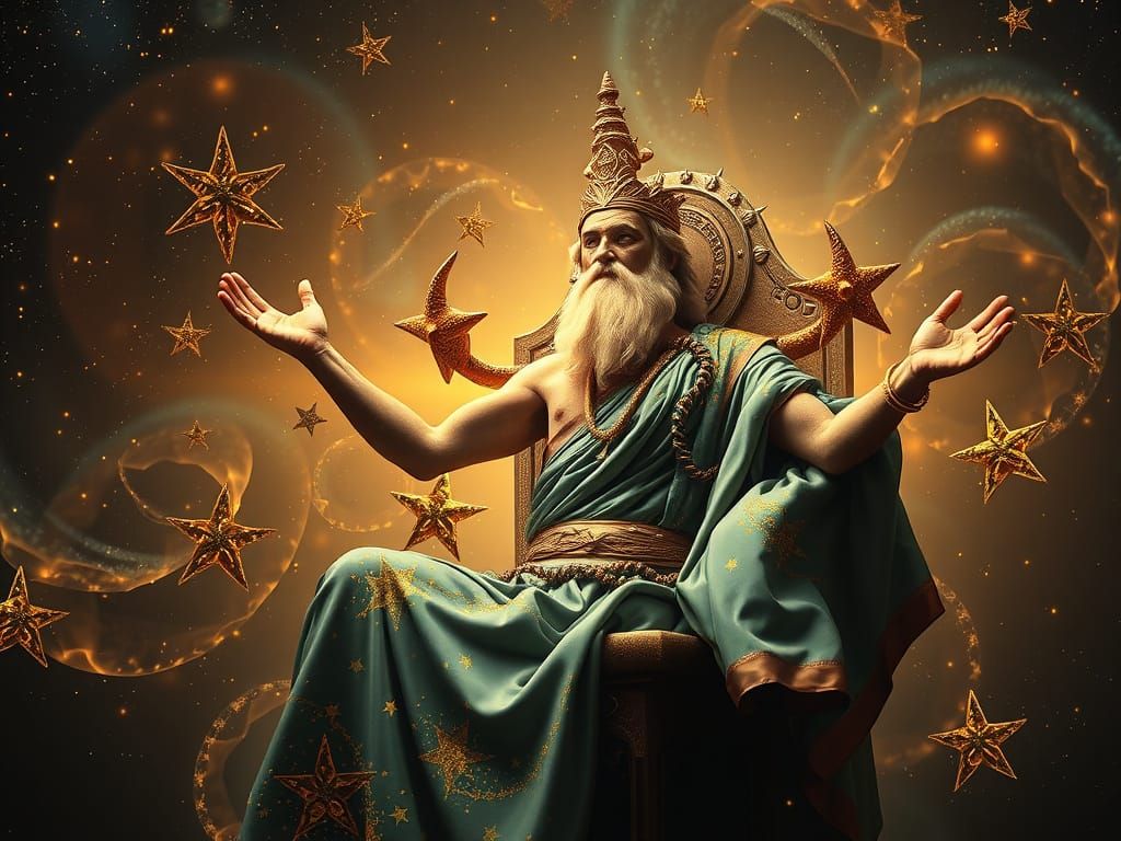 Golden Jupiterian God in Cosmic Gaudi-Inspired Scene