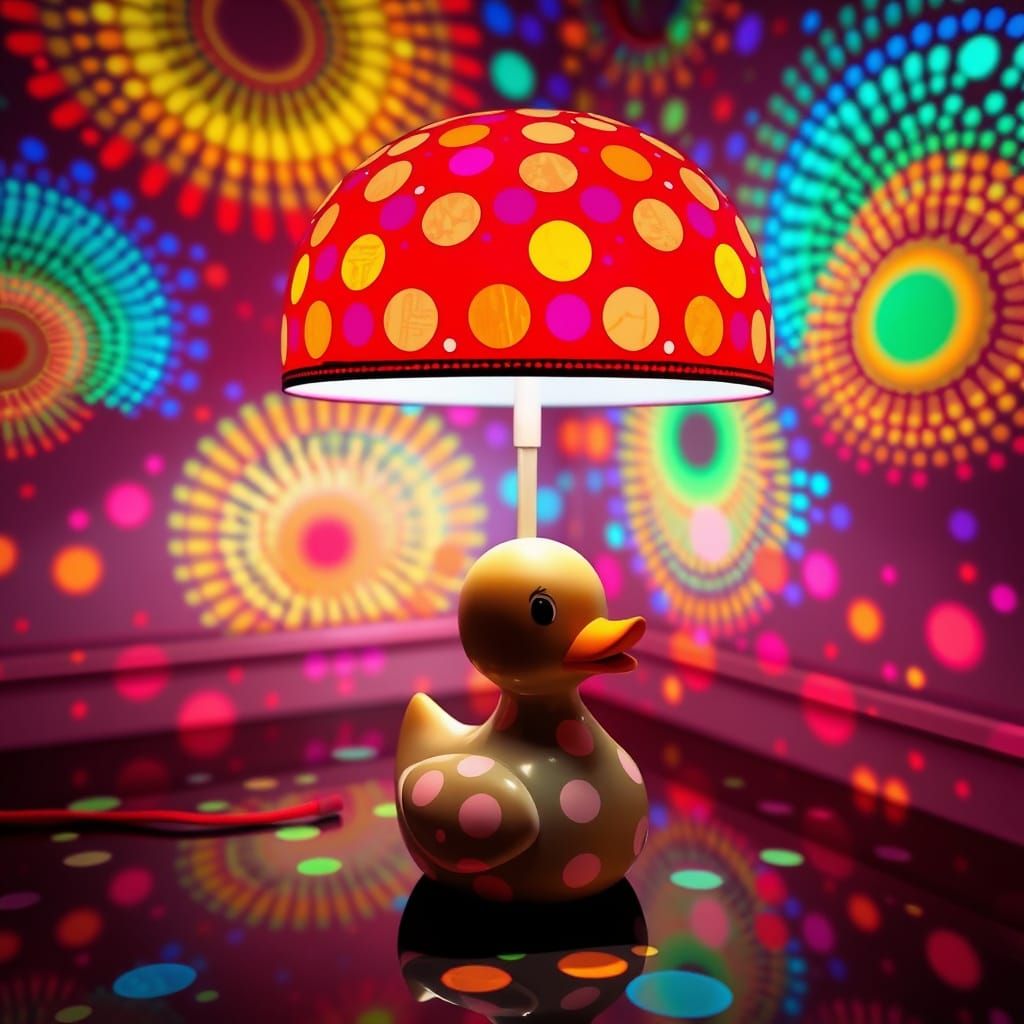 A YAYOI KUSAMA lame shade with a duckling base casting mastering pattern on a room, color manipulation abstract lighting...