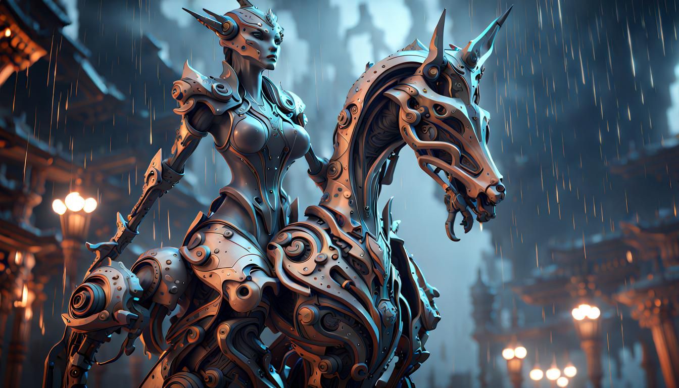 Warframe Sorceress on Mechanical Unicorn, Hyperdetailed Sci-...