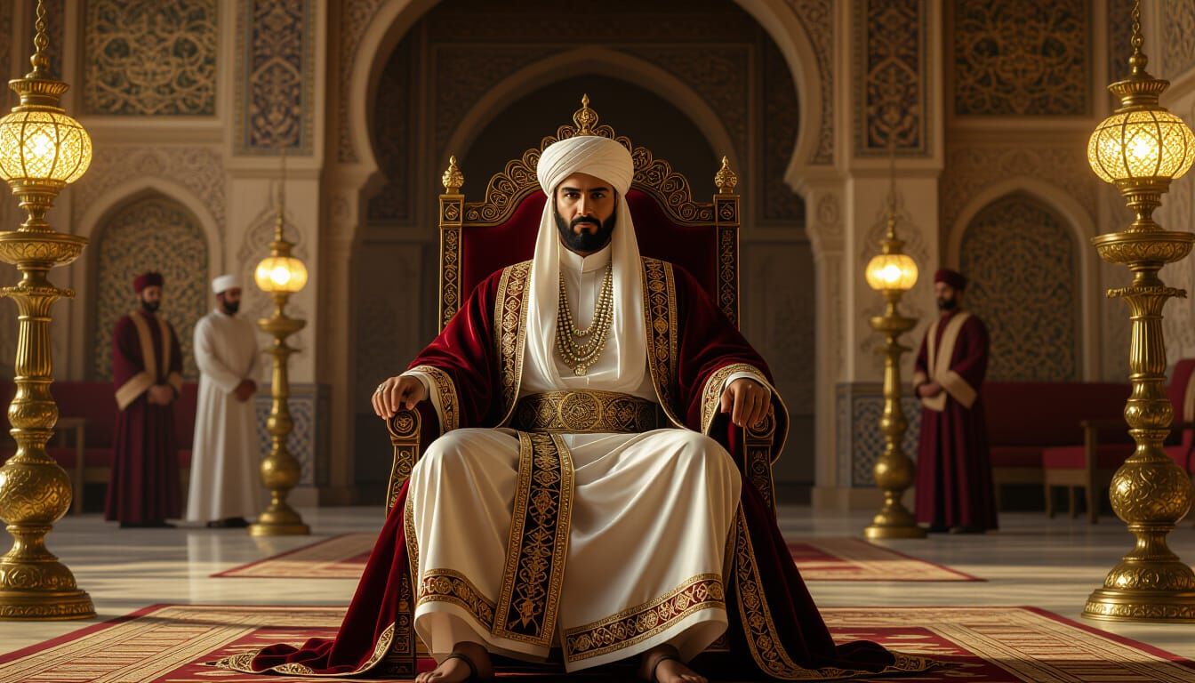 Sheikh Ali on Velvet Throne in Islamic Palace