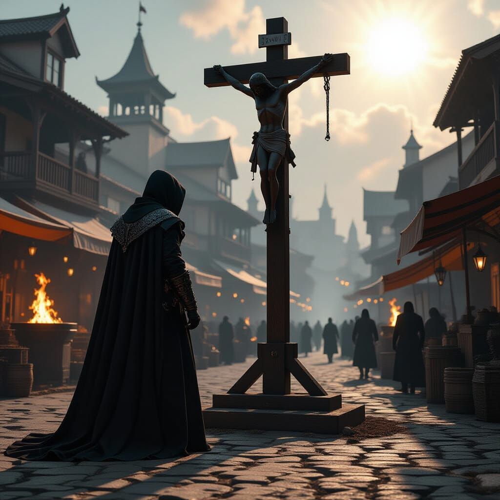 Henchman & Guillotine in Fiery Marketplace