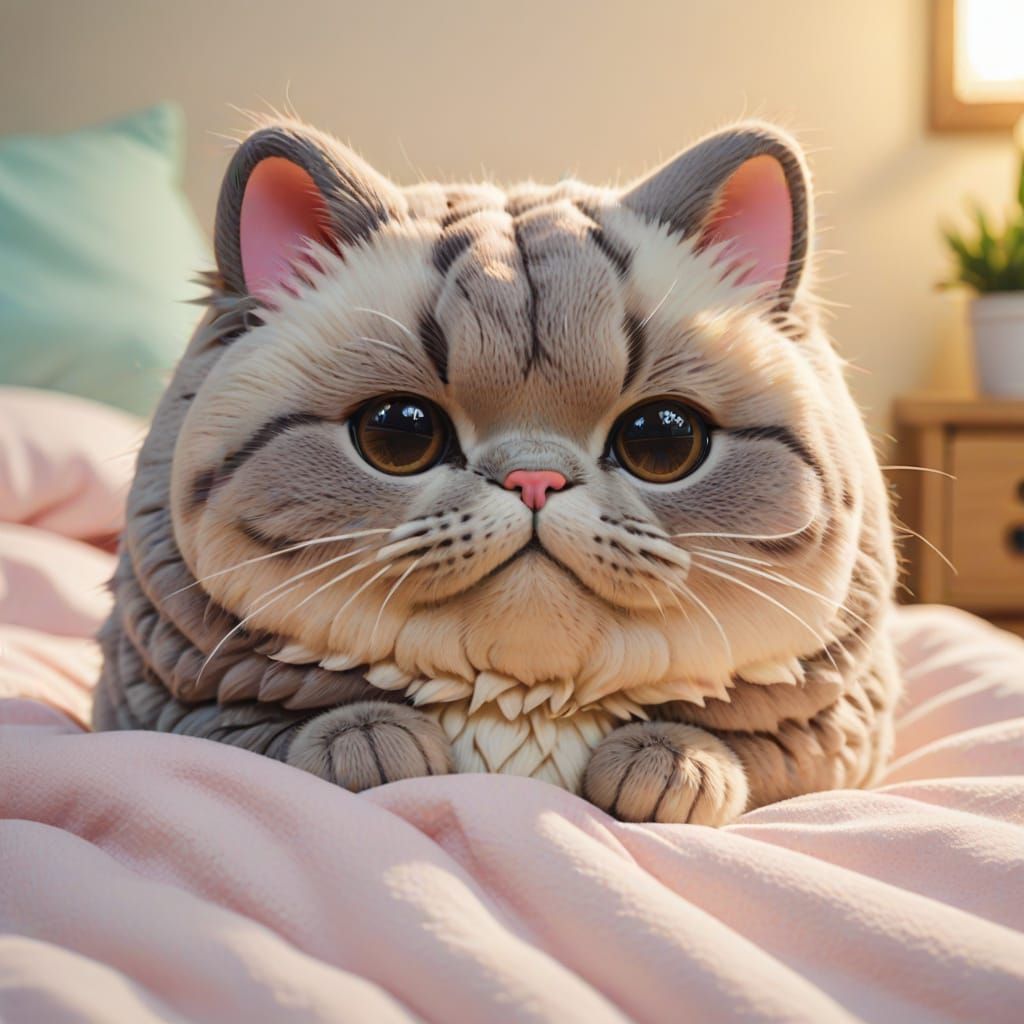 Kawaii Pusheen Cat in Bed with Cheshire Smile