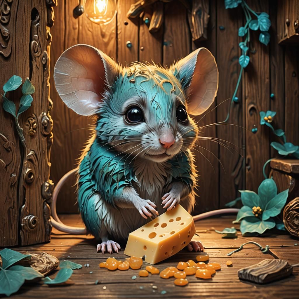 Charming Mouse Nibbling Cheese, Hyperrealistic Art Nouveau