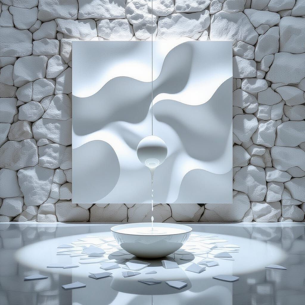 Minimalist White Room with Abstract Art and Glass Shards