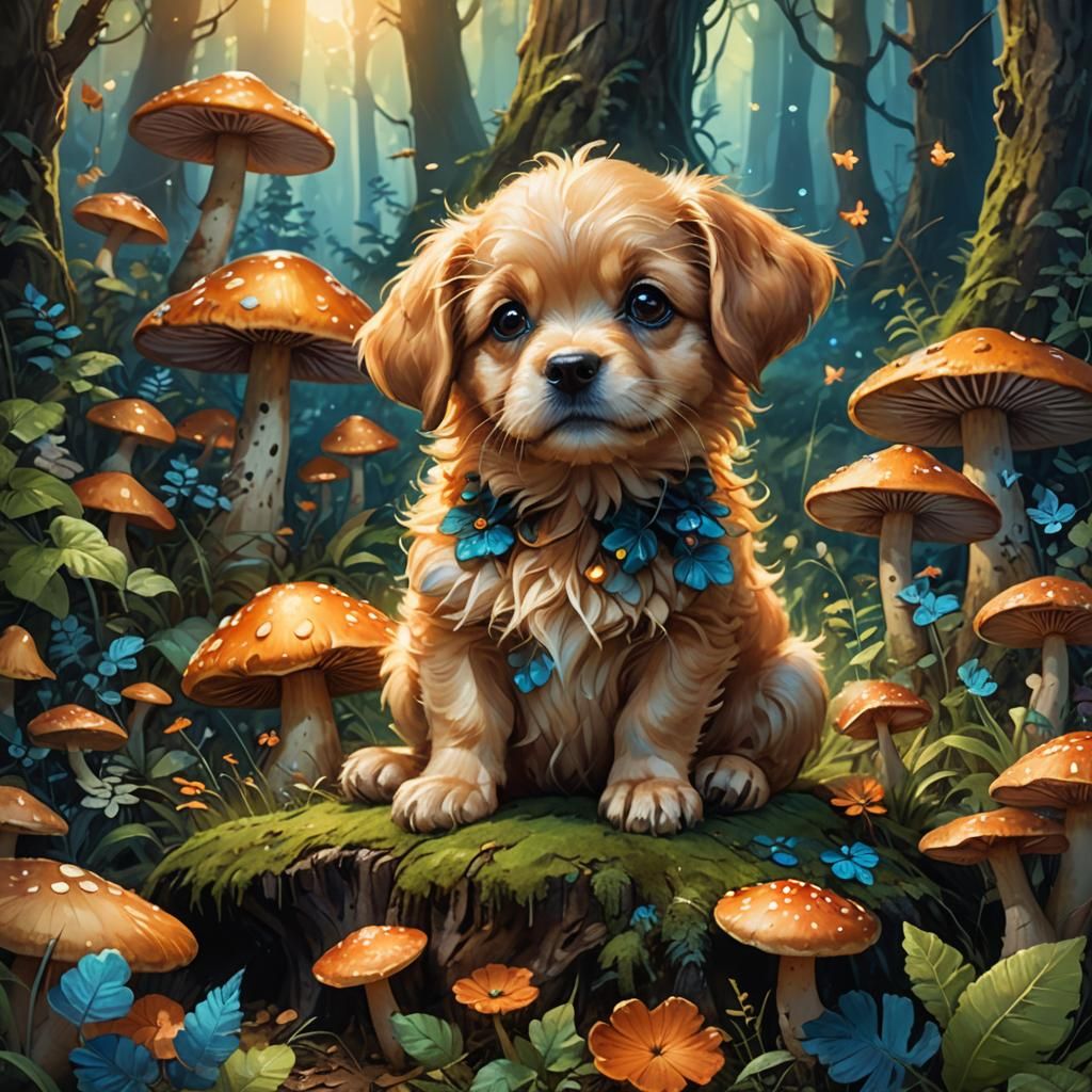 Puppy on Mushroom in Mystical Forest Concept Art