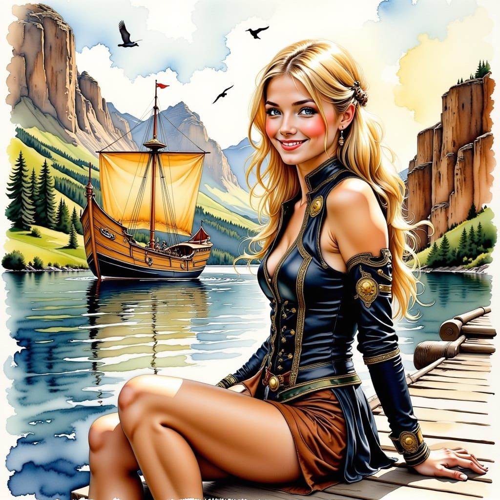 Woman on Pier: Ink Illustration with Viking Ship