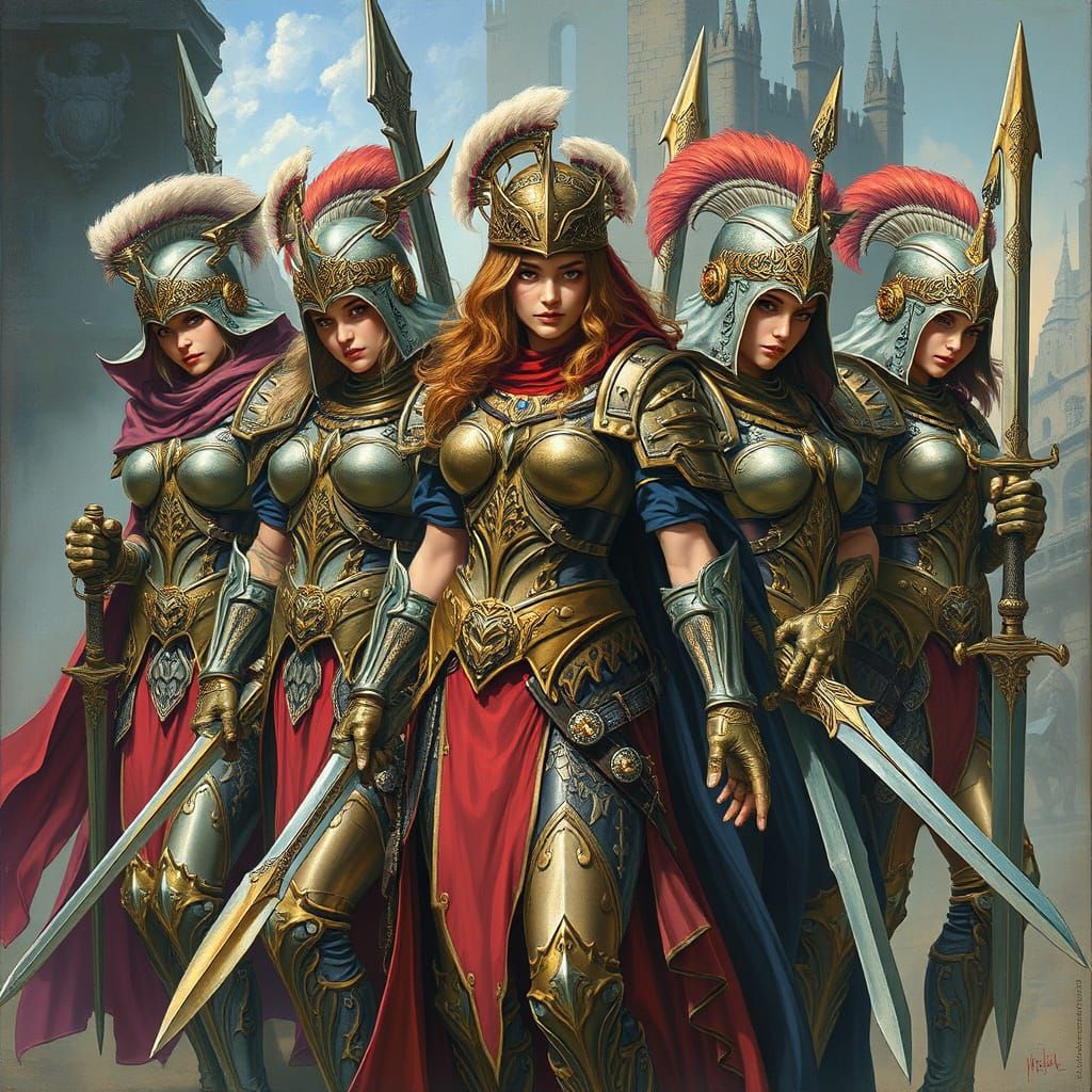 Female Warriors in Ornate Armor in Fantasy Realm