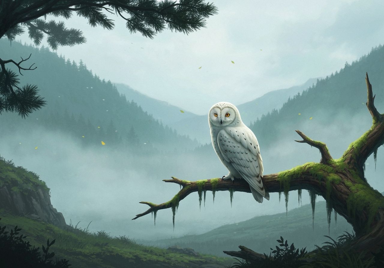 Ancient Polar Owl Overlooking Misty Valley