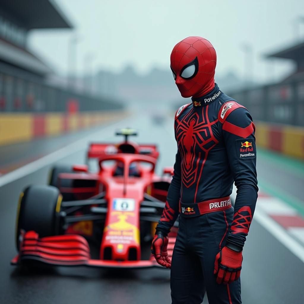 Spider-Man as Red Bull F1 Driver: Cinematic Still