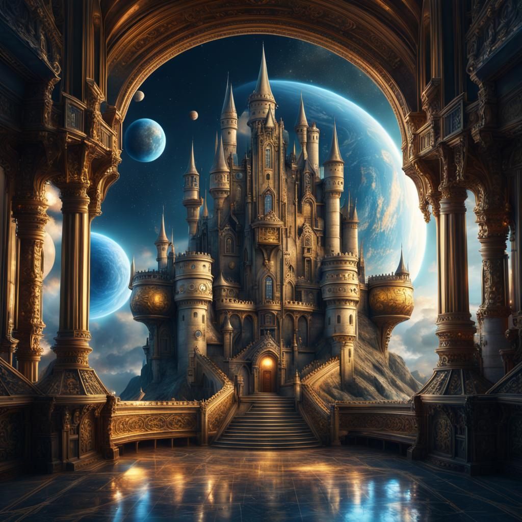Medieval Castle Spaceship in Blue and Gold