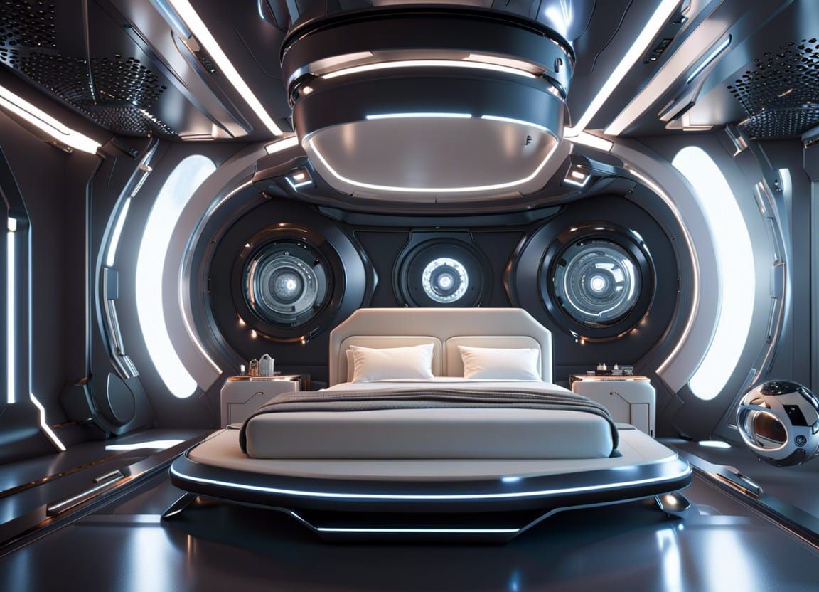 Futuristic Bedroom with Kittens in Sci-Fi Style
