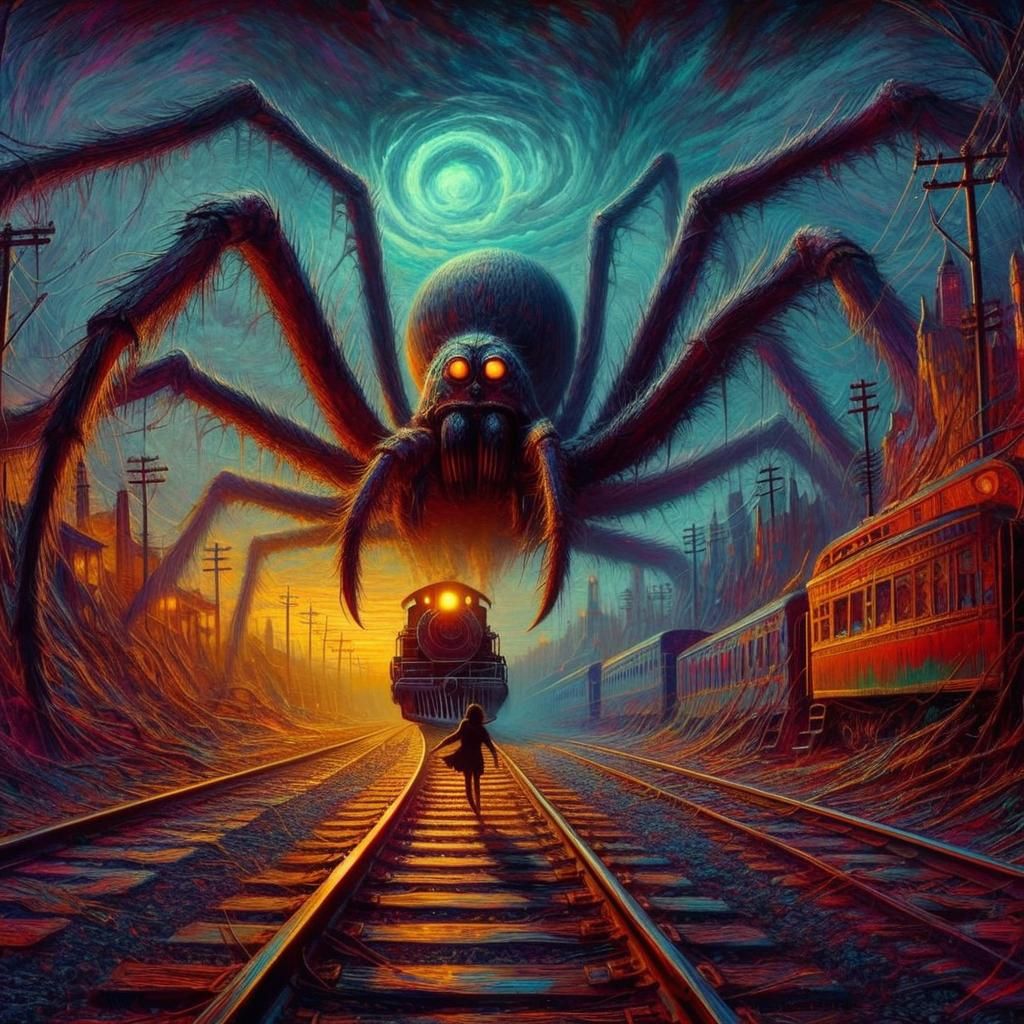 Gothic Train Spider Chase in Fantasy Art