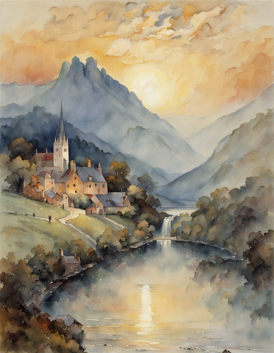 Dreamy Watercolor Village Under Starry Night Sky