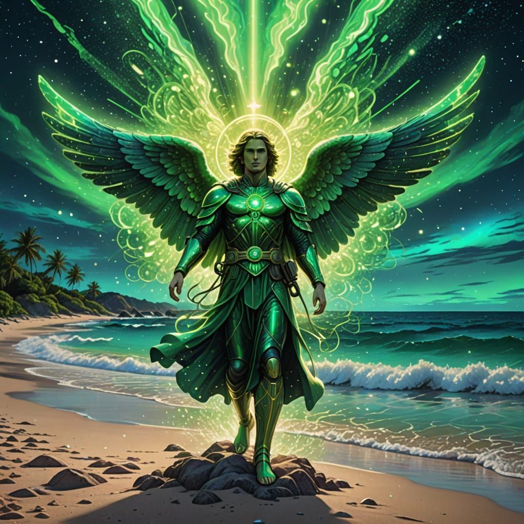 Archangel Raphael Healing Energy on Beach, Pablo Amaringo St...