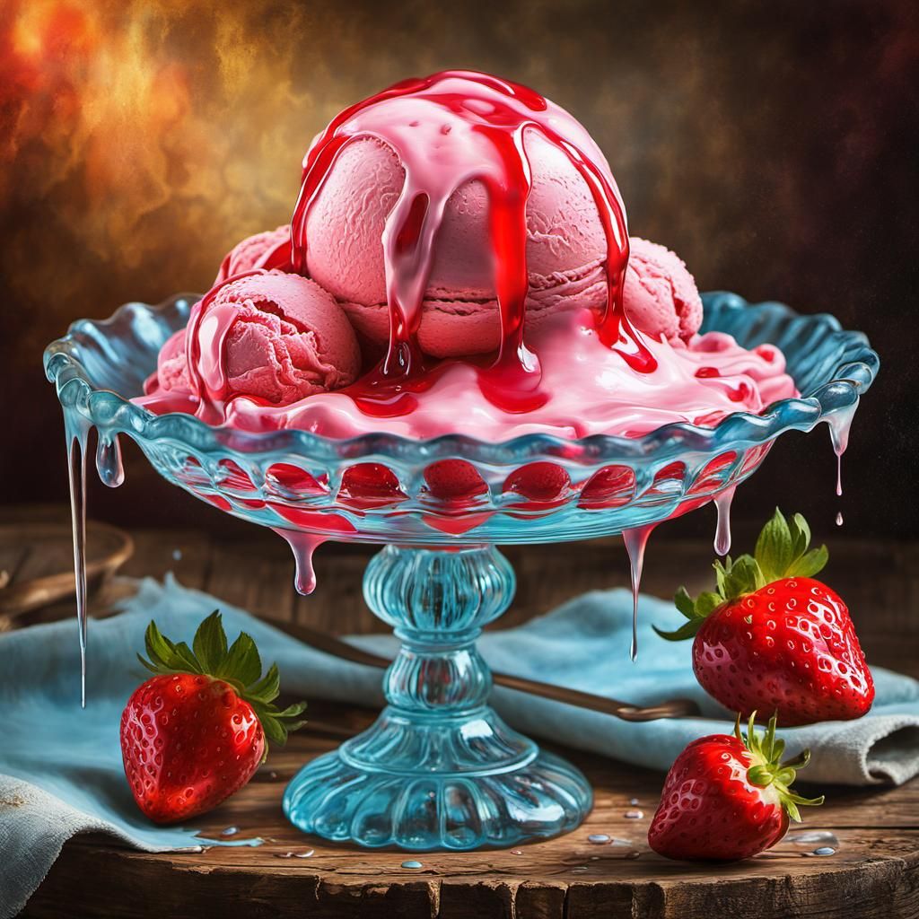 Melting strawberry ice cream melting big ice cream drips dow...