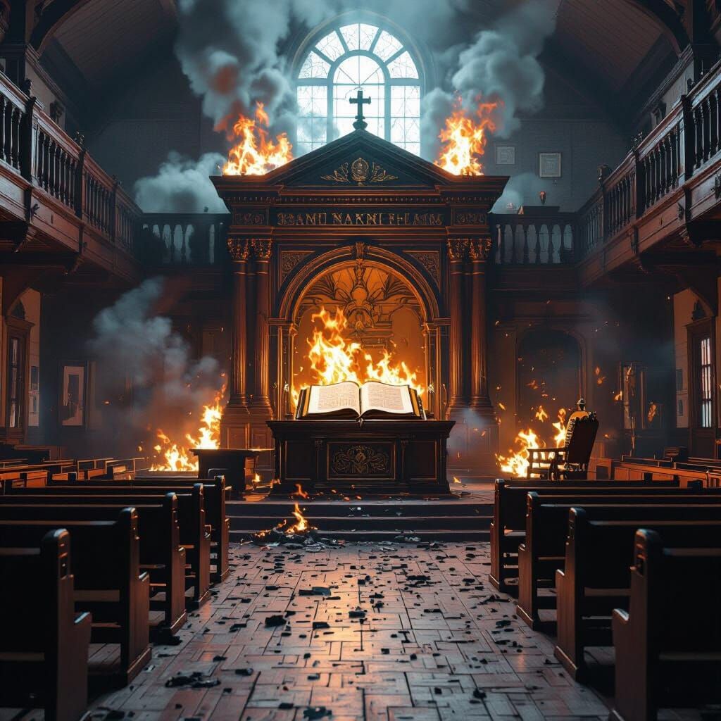 Synagogue Ablaze: Hyperrealistic Interior in Flames
