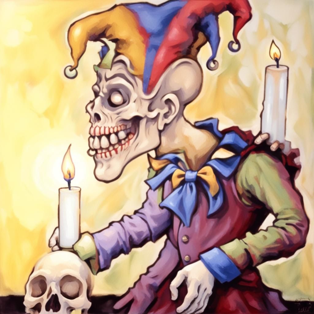 Hunchback Jester with Skull and Candles, Detailed Painting