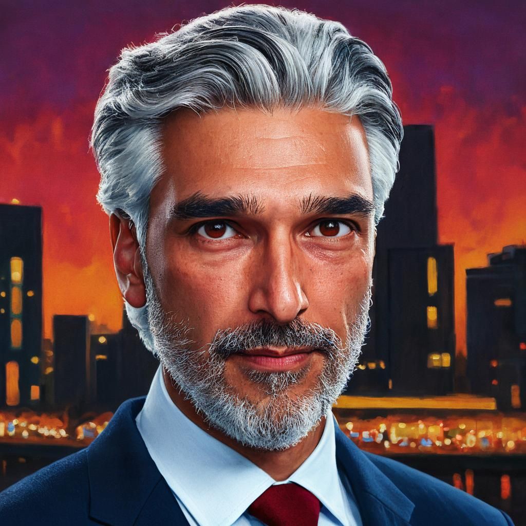 Elegant Oil Painting of Older Man with City View