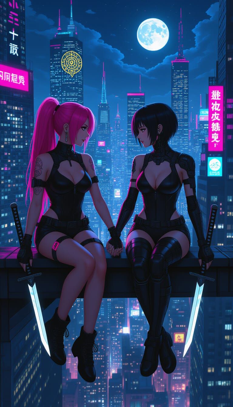 Cyberpunk Women on Rooftop Gazing at Neon City