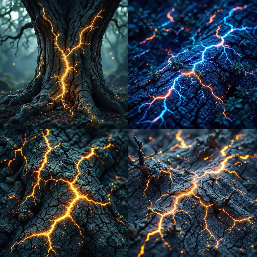 Bioluminescent Organic Fractal With Glowing Veins on Bark