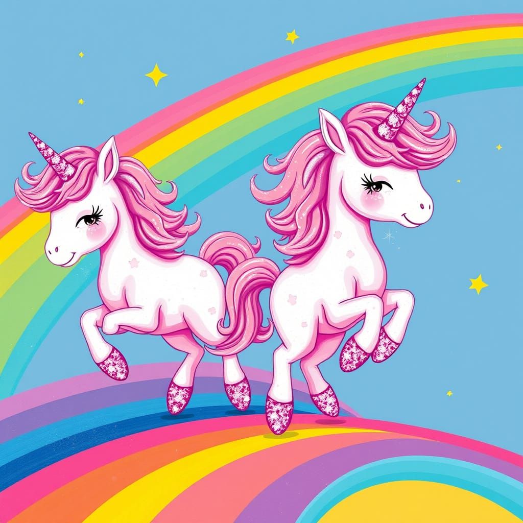 Vibrant Whimsical Unicorns Dance on Colorful Rainbows