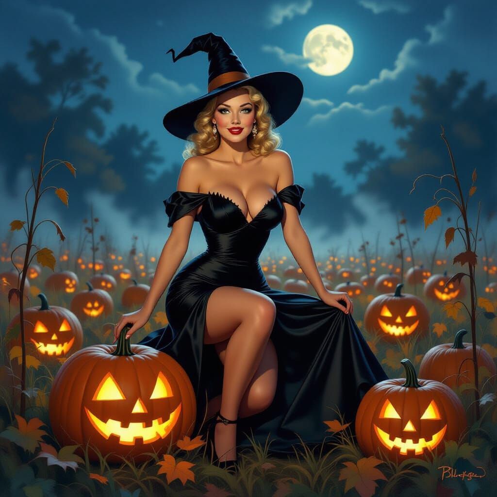 1940s Witch Pinup in Moonlit Pumpkin Field