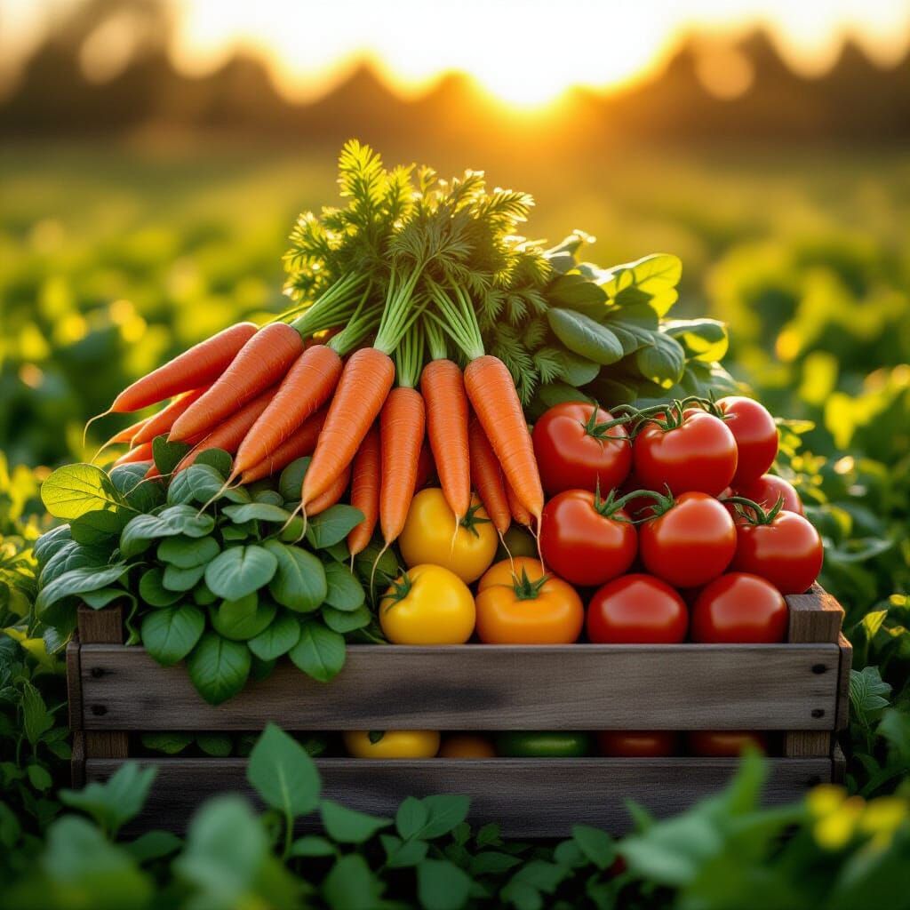 Abundant Fresh Vegetables in Rustic Crate