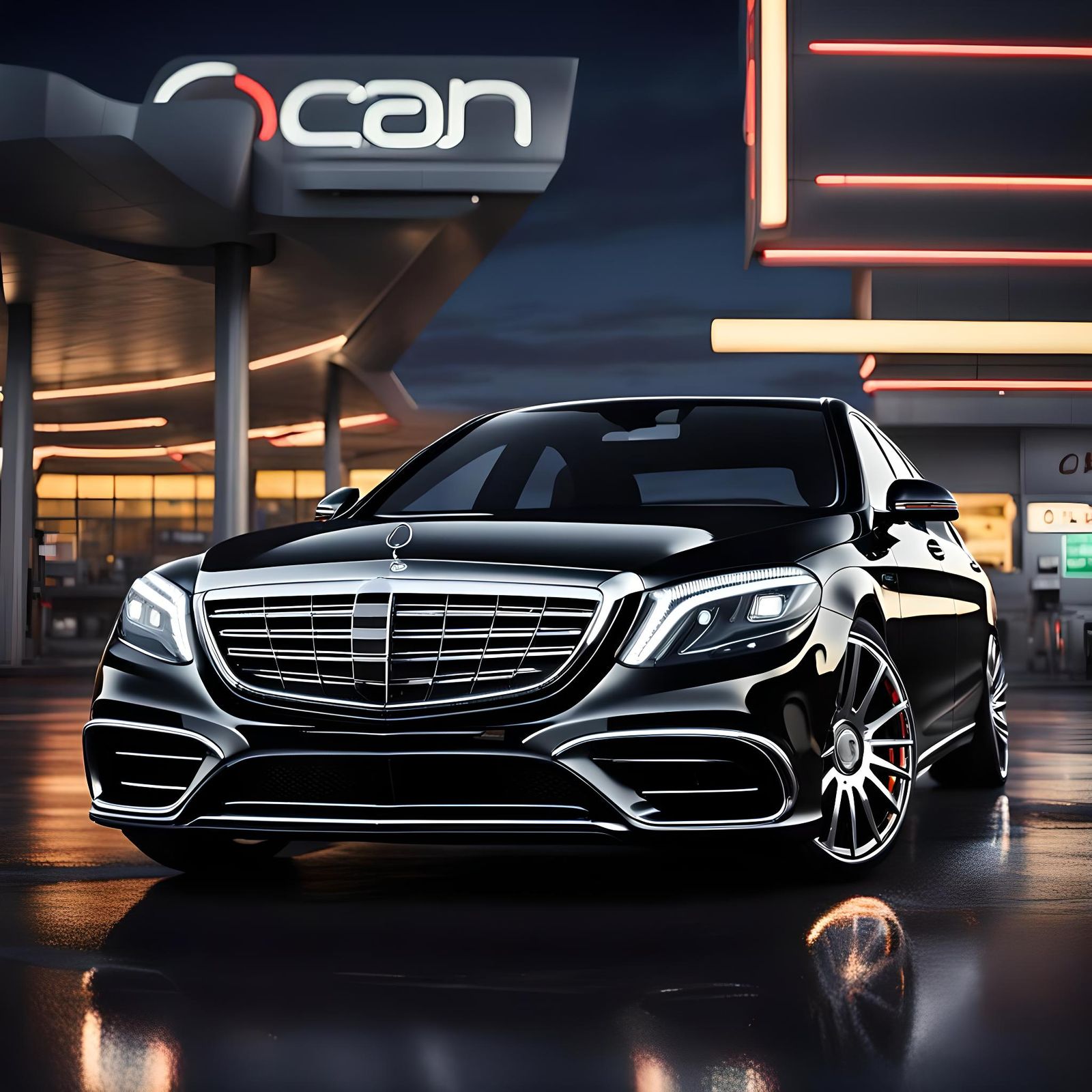 Ultra realistic picture of one Mercedes-Benz S-Class AMG. The car is black and has intricate details on the chrome accen...