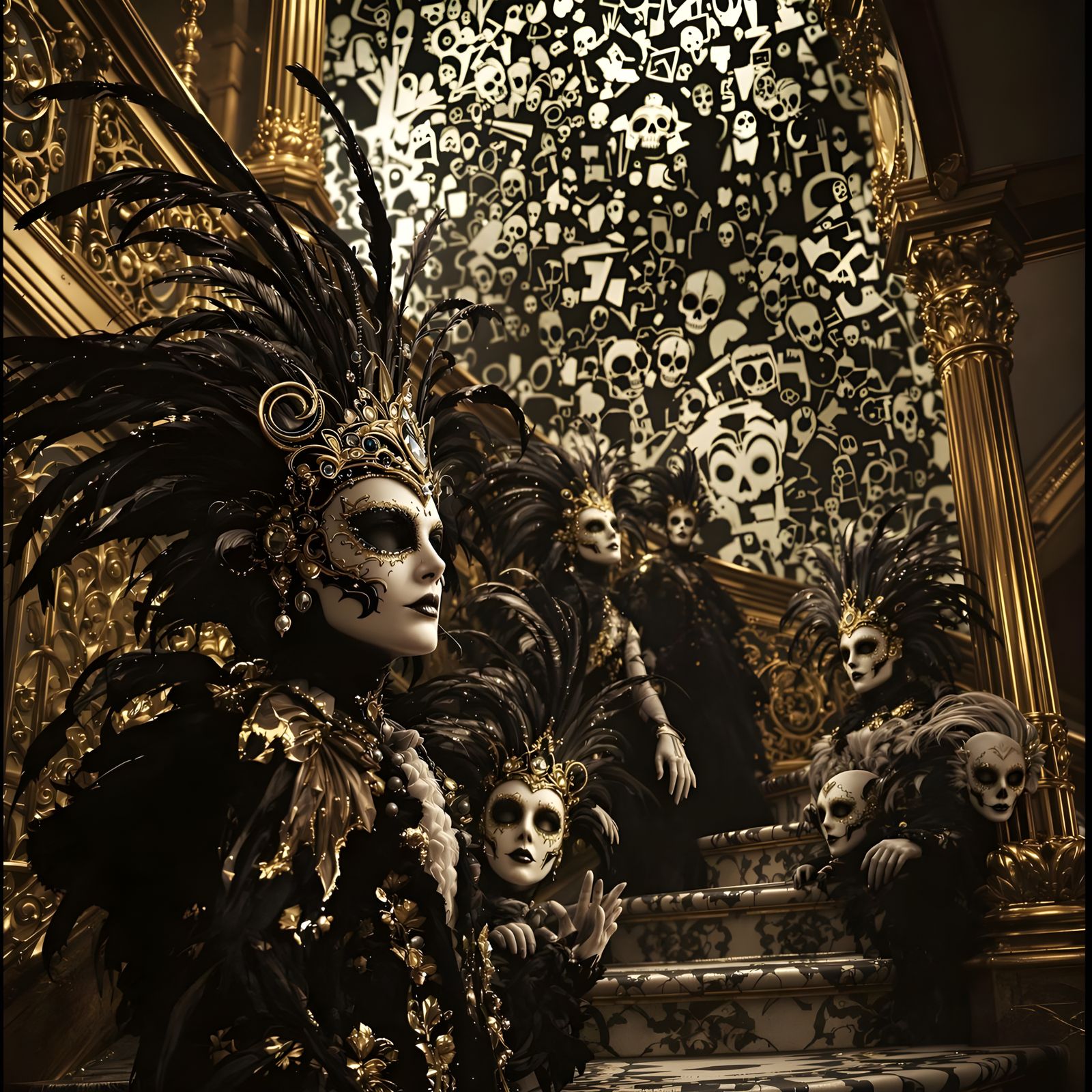 Surreal Masquerade Ball in Baroque Style with Intricate Mask...