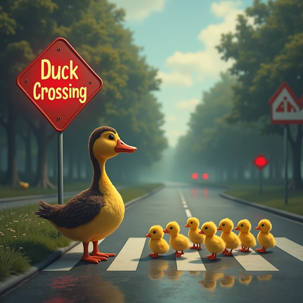 Duck Crossing: A Whimsical Digital Art Fantasy