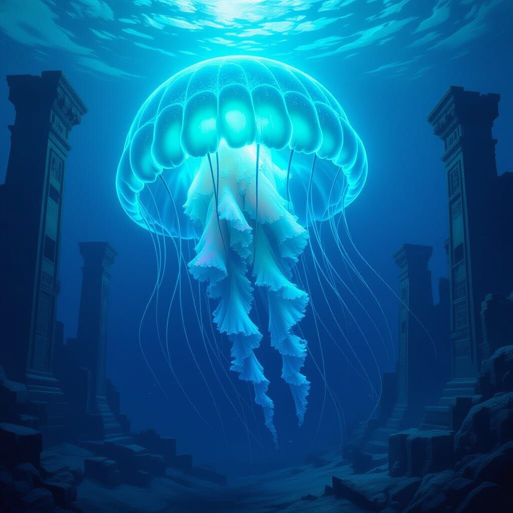 Bioluminescent Jellyfish Over Alien Ocean Ruins