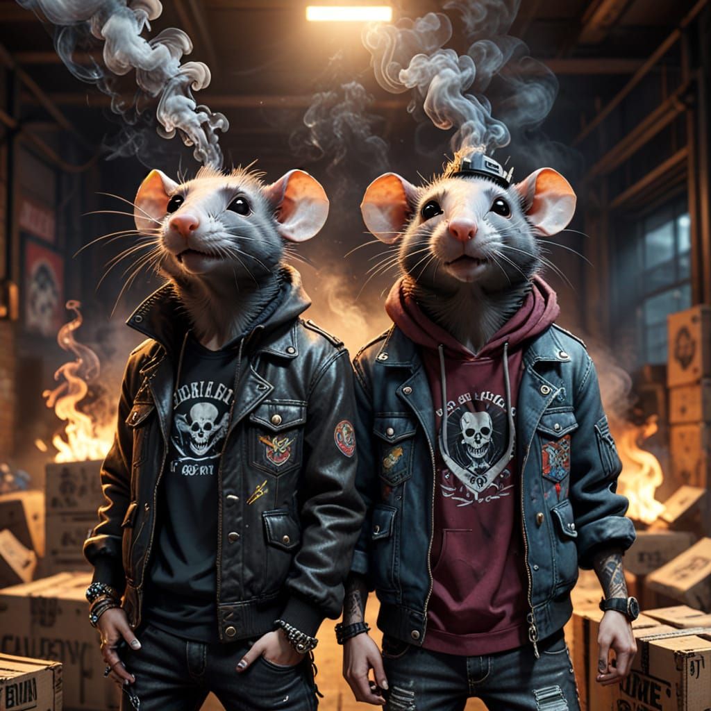 Stylish Rats in Dim Warehouse: Ultra-realistic 3D Render wit...