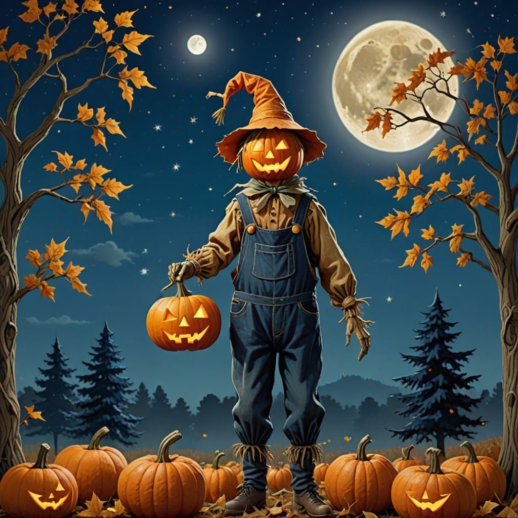 Pumpkin Scarecrow Smiling Under the Full Moon