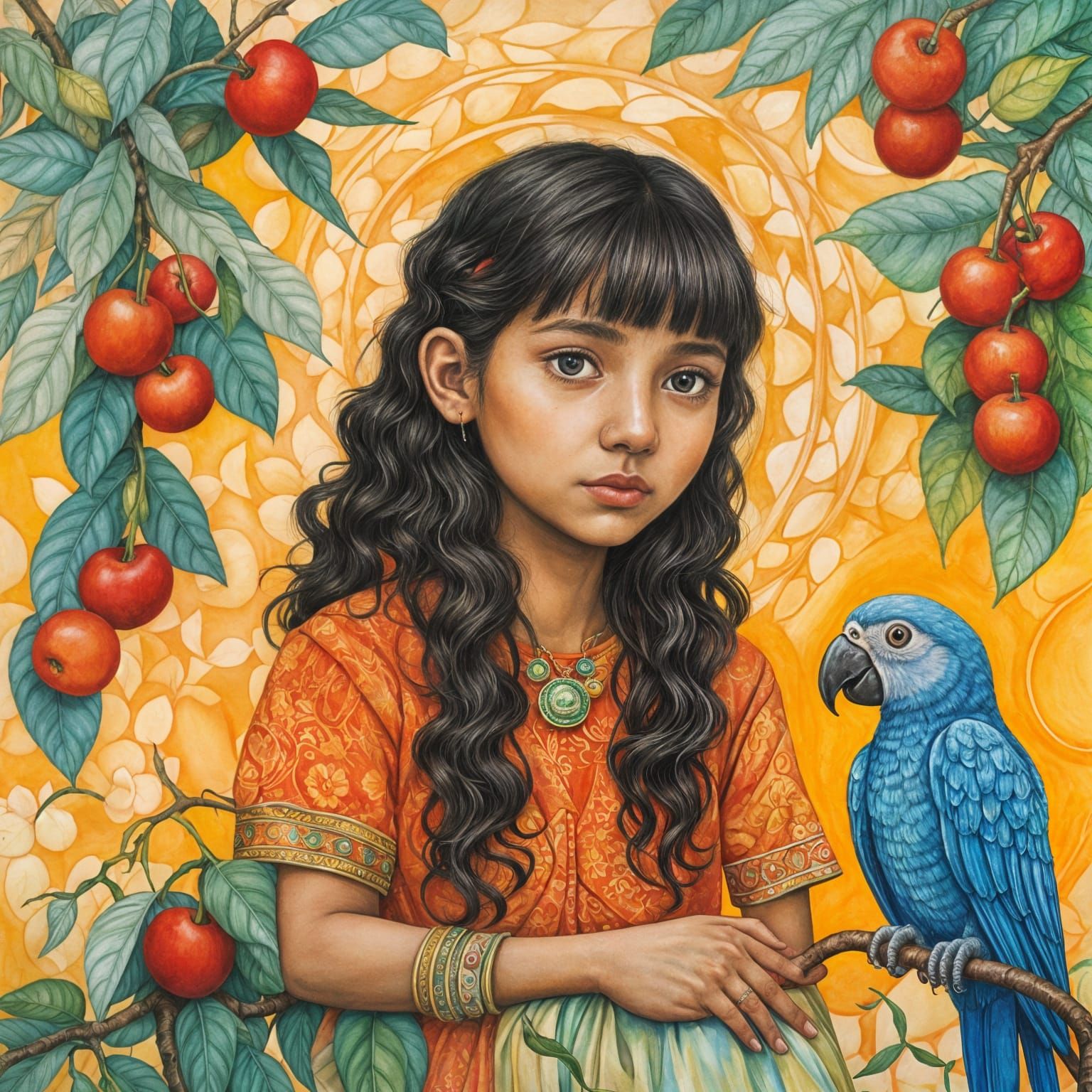 Indian Girl with Parrots in Watercolor and Gold Leaf