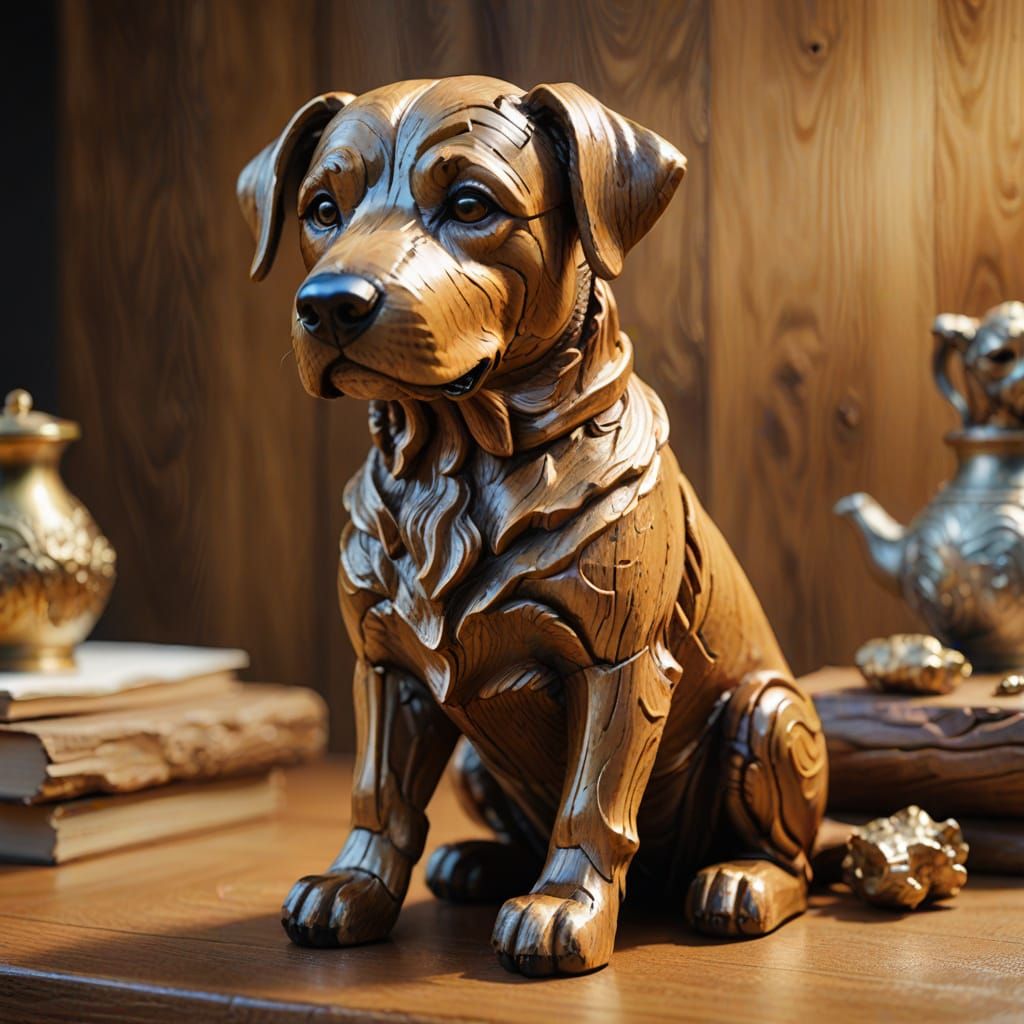 Golden Brown Wooden Dog Statue, Oil Painting