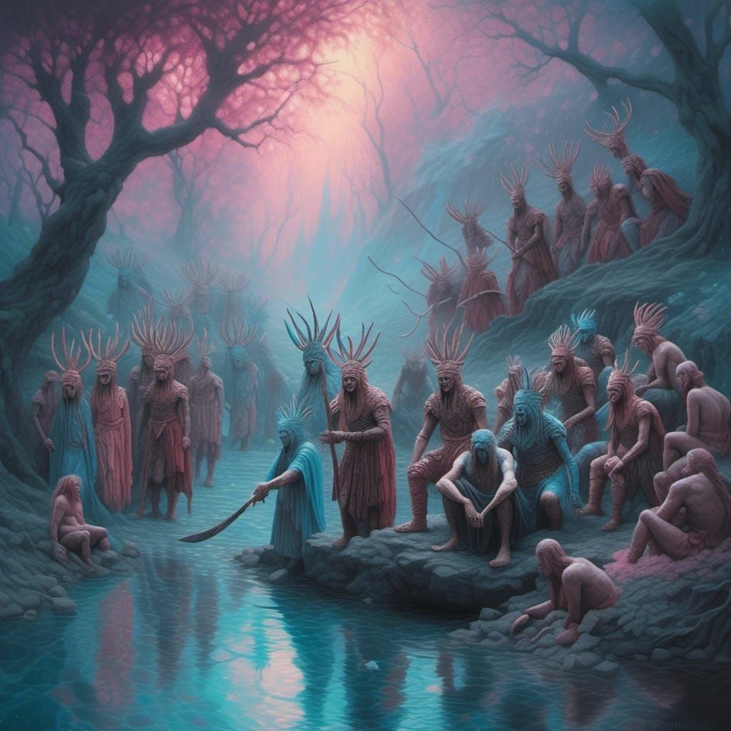 Mysterious Tribe at War: Holographic Pastel Illustration