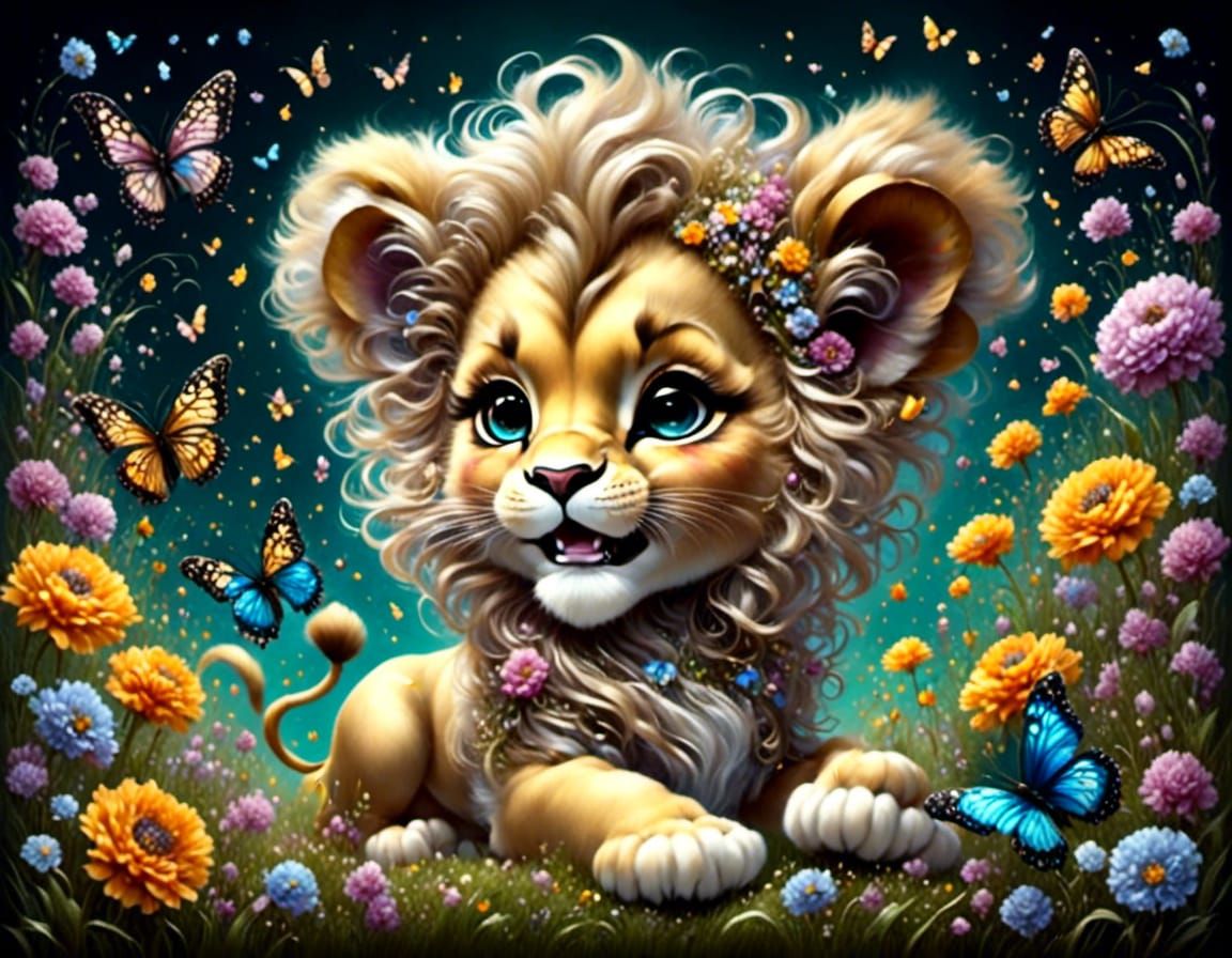 A cute baby-faced lion cub with long messy main and chubby cheeks, joyfully running through a flowered meadow full of bu...