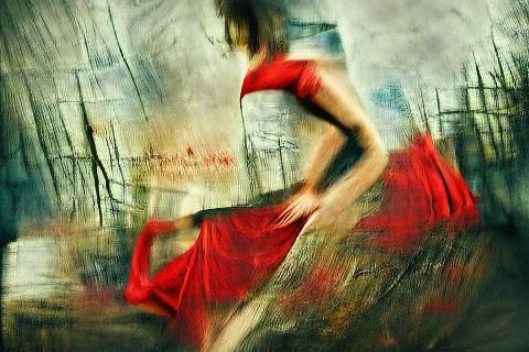 Abstract Expressionist Woman Dancing in Red Dress
